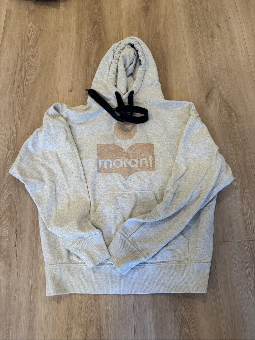 Isabel Marant Men’s Light Gray Hoodie with Tan Logo and Black Drawcord